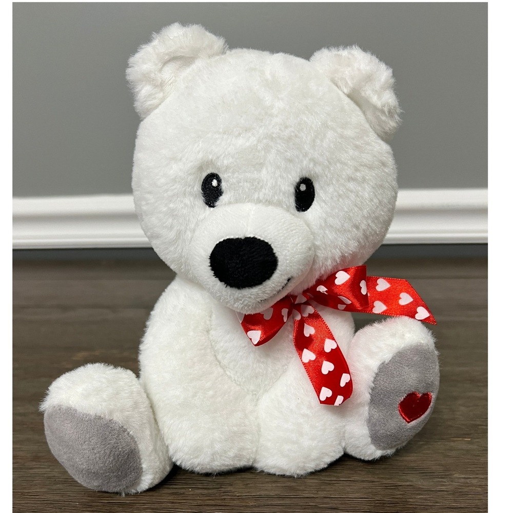 American Greetings Plush White Valentine Bear Heart Ribbon Stuffed Animal Toy 9"